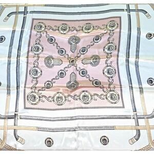 Silky feel scarf 27” square pink & gray on white designer chic motif elegant